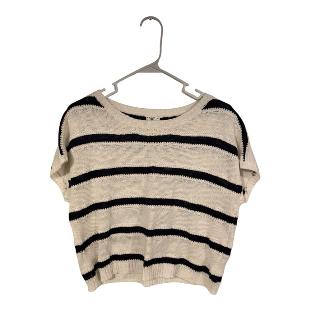 Sadie And Sage Knit Top Women’s S Ivory/Navy Short Sleeve Boxy Oversized Coastal